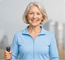 Donna anziana sorridente durante una passeggiata
